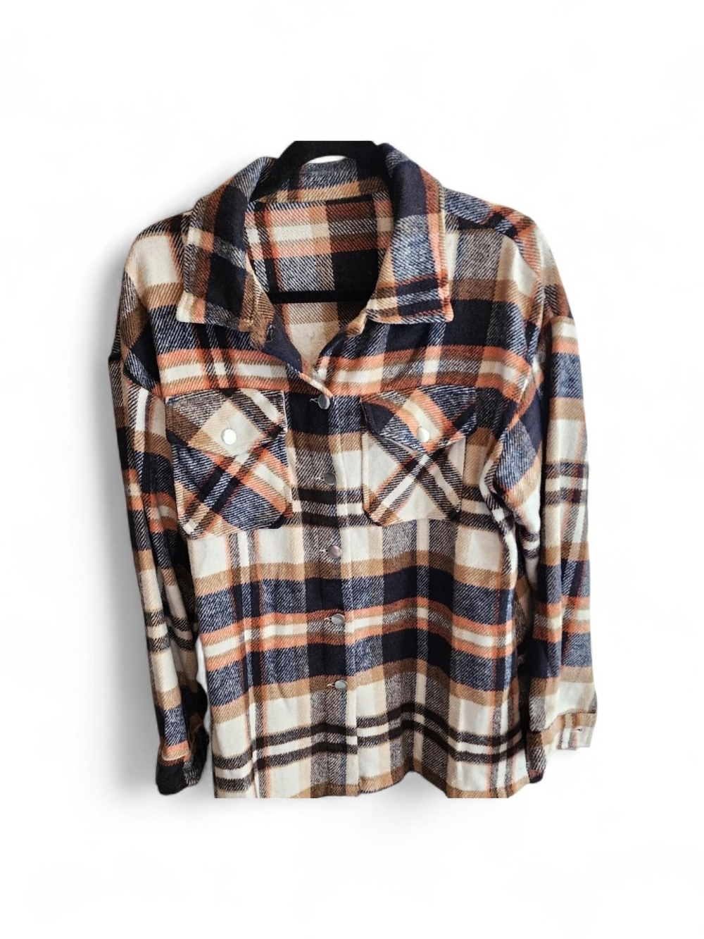 Plaid Button-Up Shacket in Navy, Brown & Cream